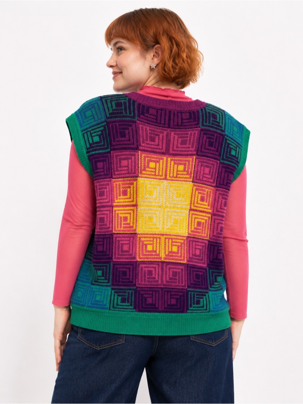 Handmade Art Knit Hue Shift Abstract Geometric Sweater vest Sz XL-2XL Unisex